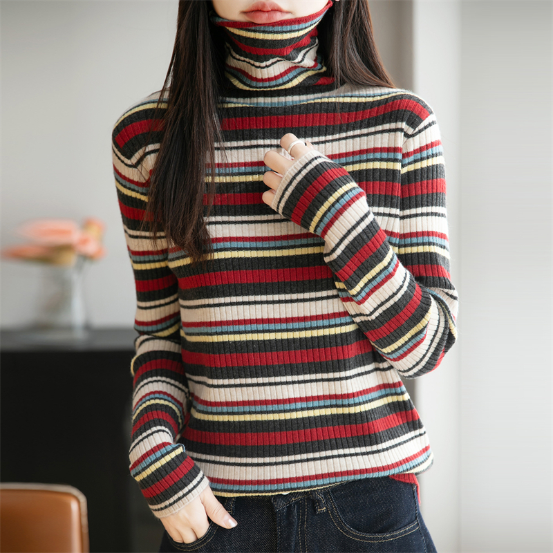 哥弟阿玛施正品冬季新款拼色彩虹条纹高领针织衫洋气减龄气质上衣