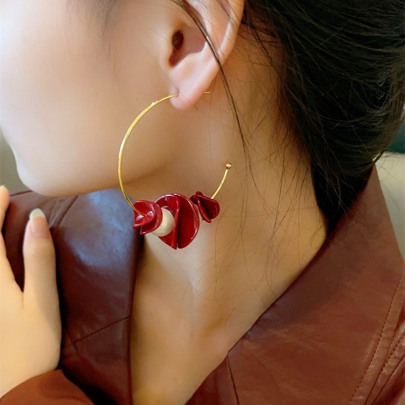 铜合金耳饰 鼎溢秋冬新款美复古拉德片片珠珠形大耳圈气质耳环jd