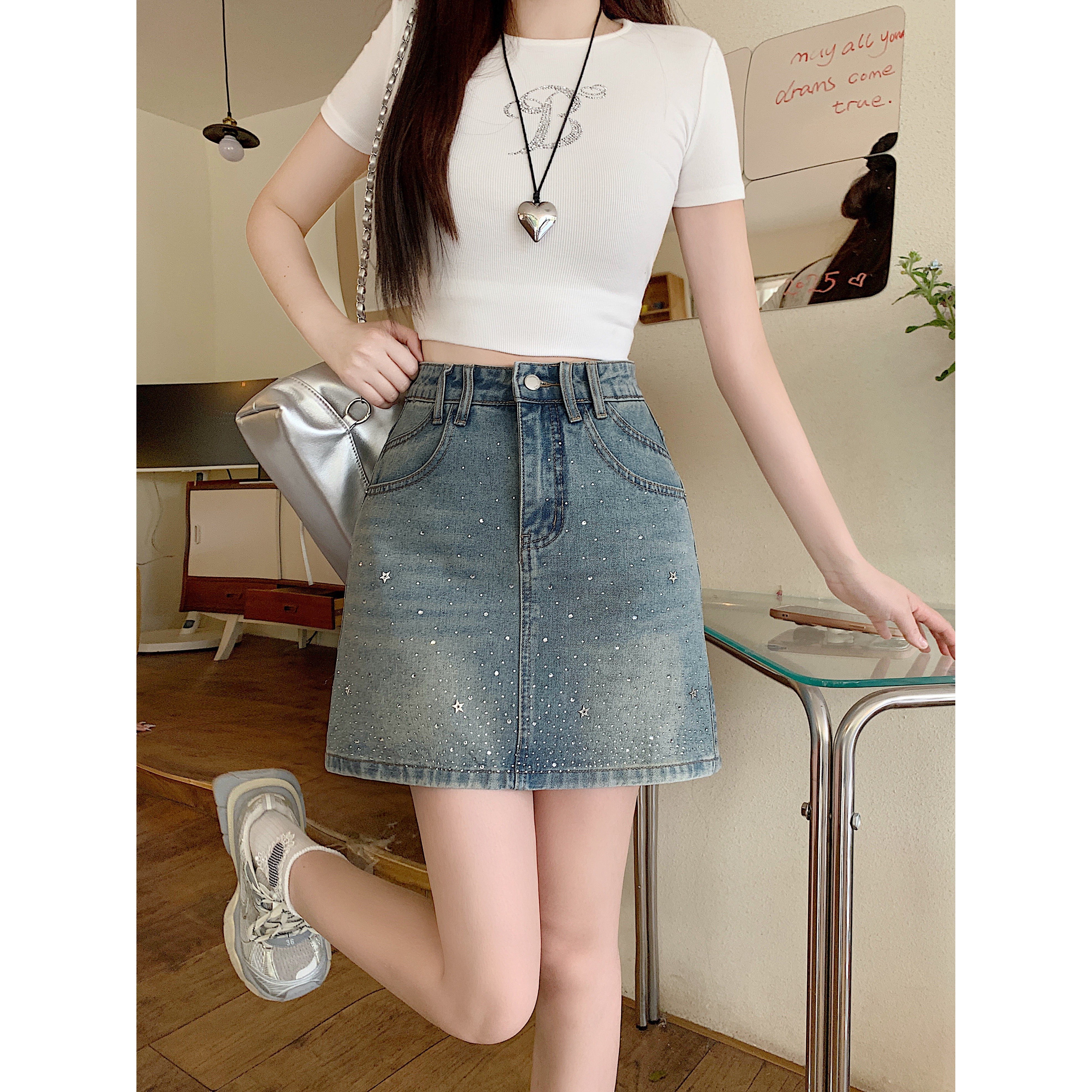 大码美式复古烫钻牛仔短裙女2025年夏季高腰显瘦包臀半身裙66129