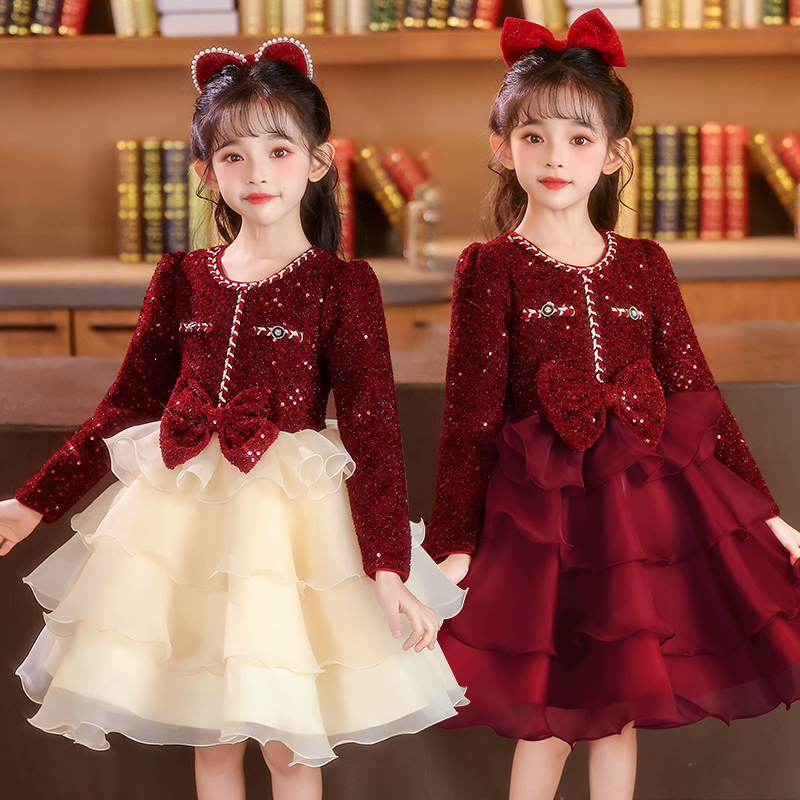 7821女童长袖秋冬加绒保暖连衣裙时尚小女孩拜年服儿童装公主裙子