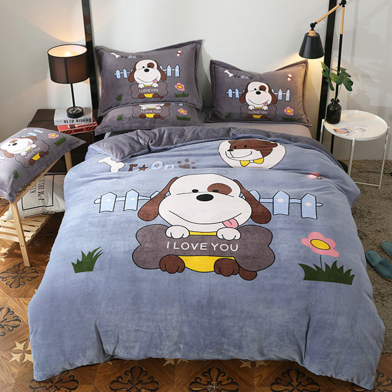冬季卡通狗双面牛奶绒加厚被罩被单珊瑚绒床单被套儿童学生床笠款