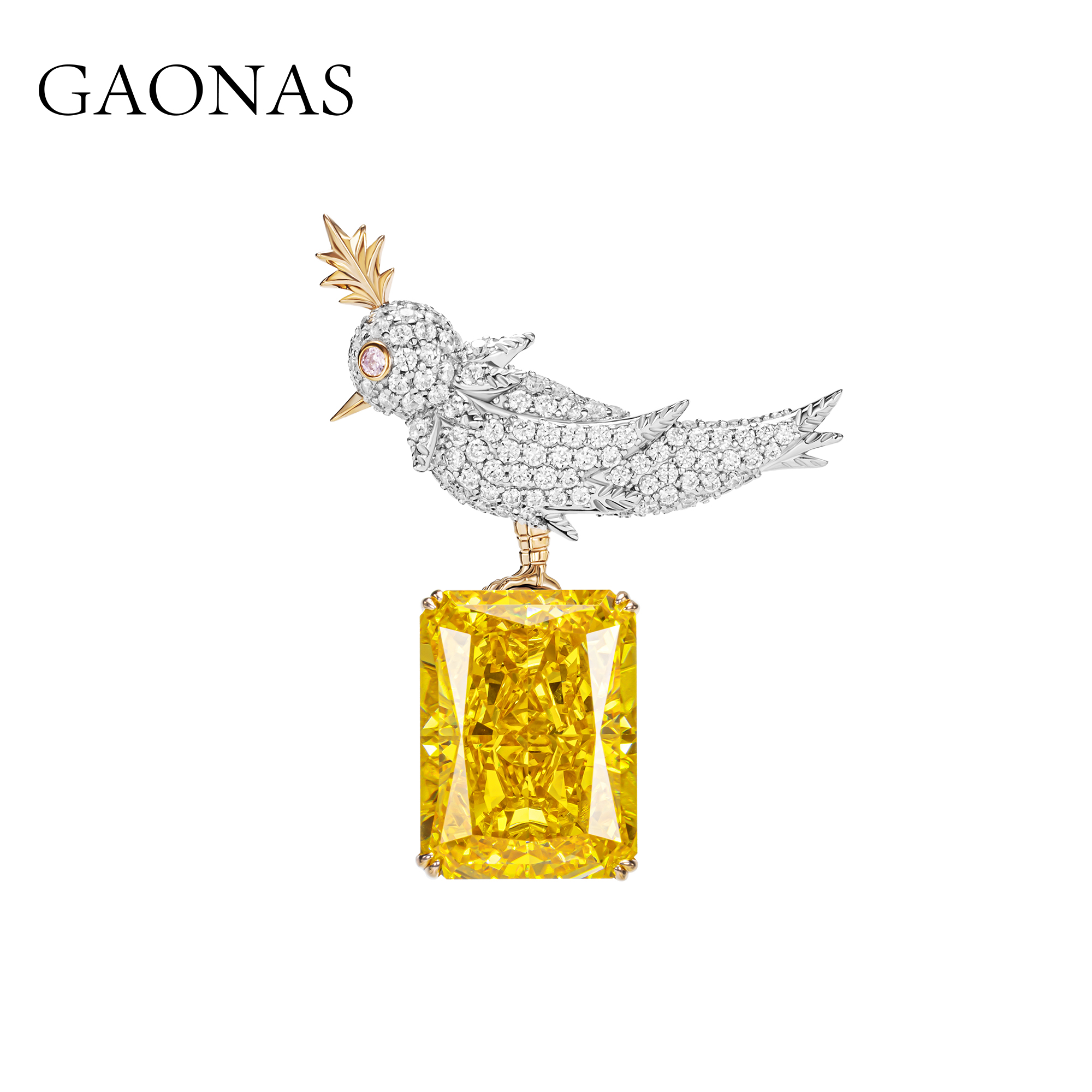 GAONAS 925银合成锆石胸针 传奇皇冠鸟 时尚方形黄色胸针 11389ZY
