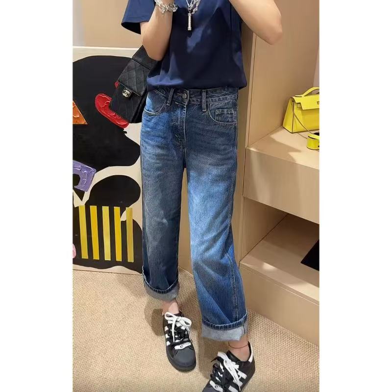 唐芯媛秋季新款时尚高腰直筒牛仔裤女款梨形身材小个子九分法棍裤