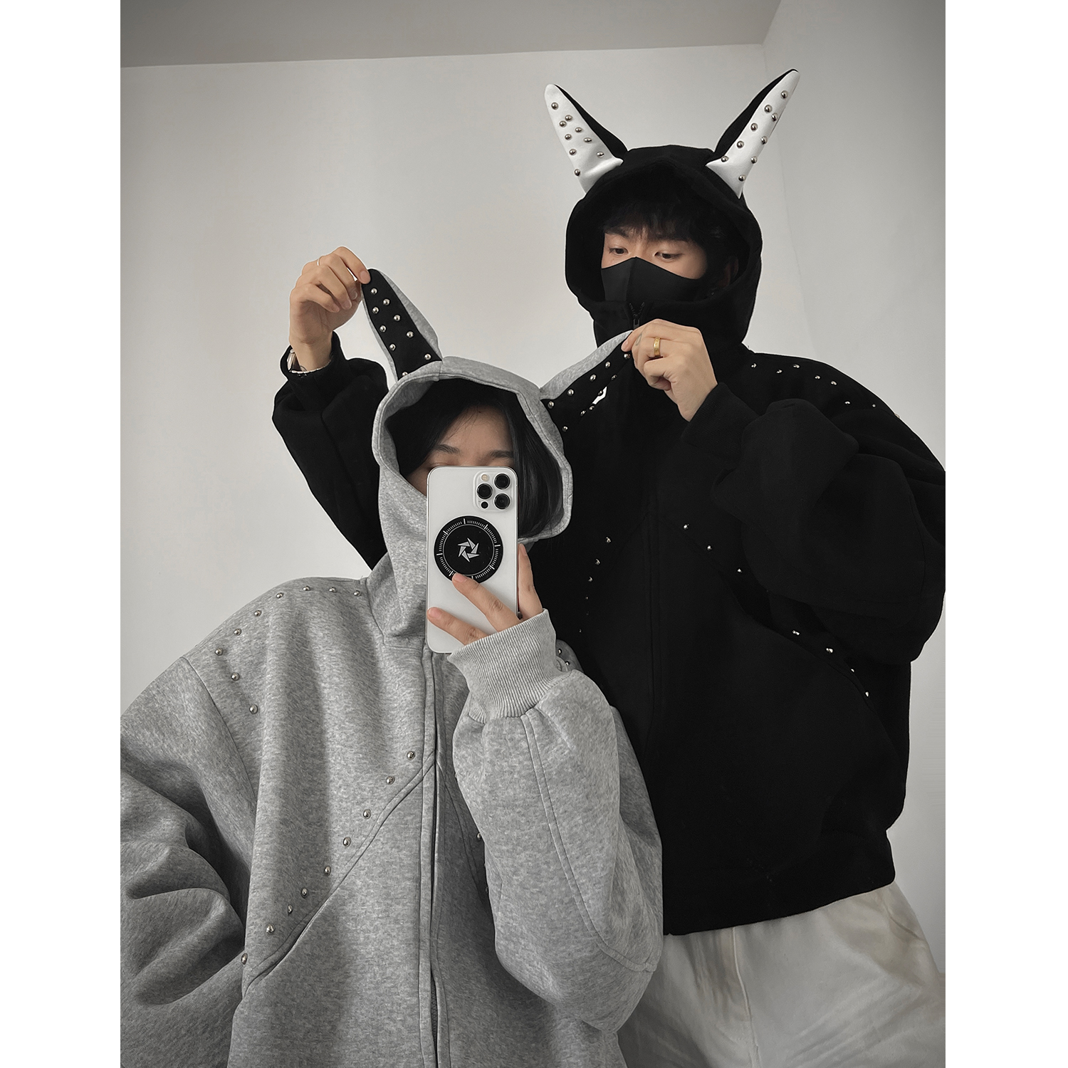 LIGGICC 秋冬新款500g重磅铆钉拼接杜宾犬连帽卫衣秋季情侣外套