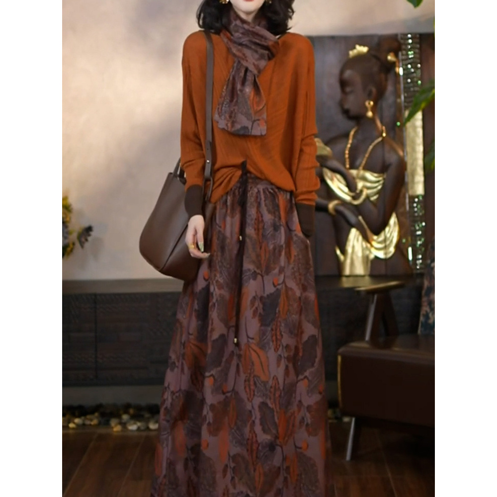 送丝巾!复古轻奢印花裙套装2025秋季新款休闲时尚长袖上衣+半身裙