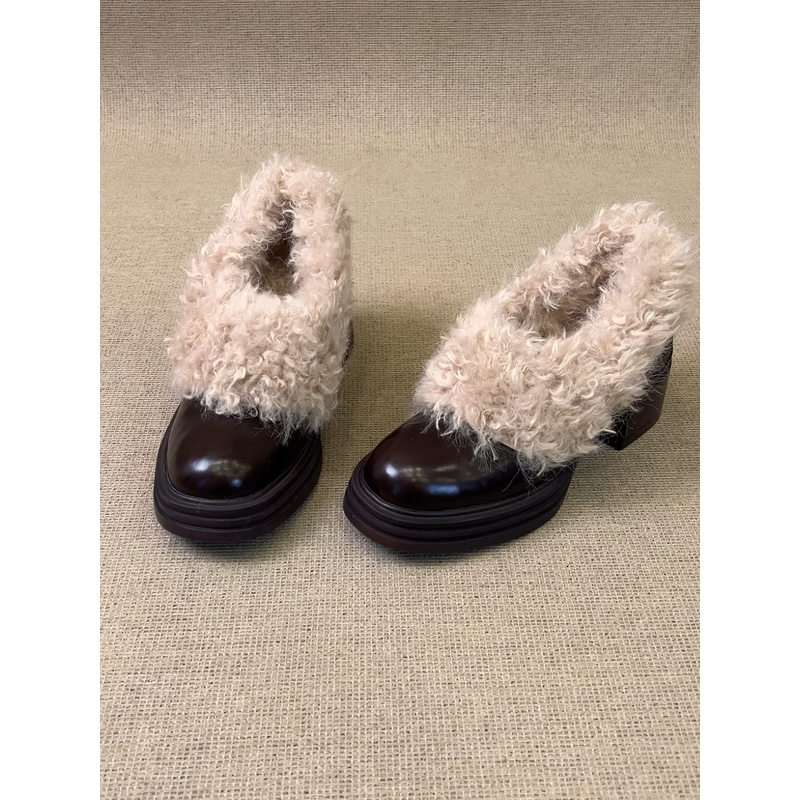 NNMISS·34-41/7cm/4cm小个子圆头羊羔毛小皮鞋复古粗跟通勤毛毛鞋