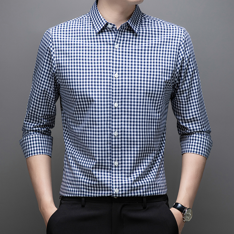 【专柜正品】秋季新款男士长绒棉格子衬衫无痕时尚休闲纯棉中年长袖