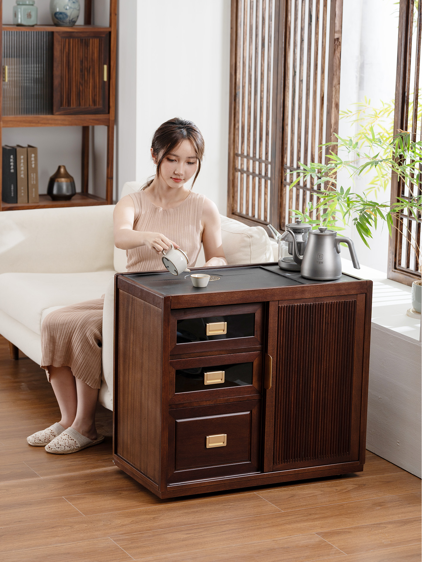 【名慕林】缅甸胡桃三抽款休闲风可移动多功能置物柜阳台轻奢新中式