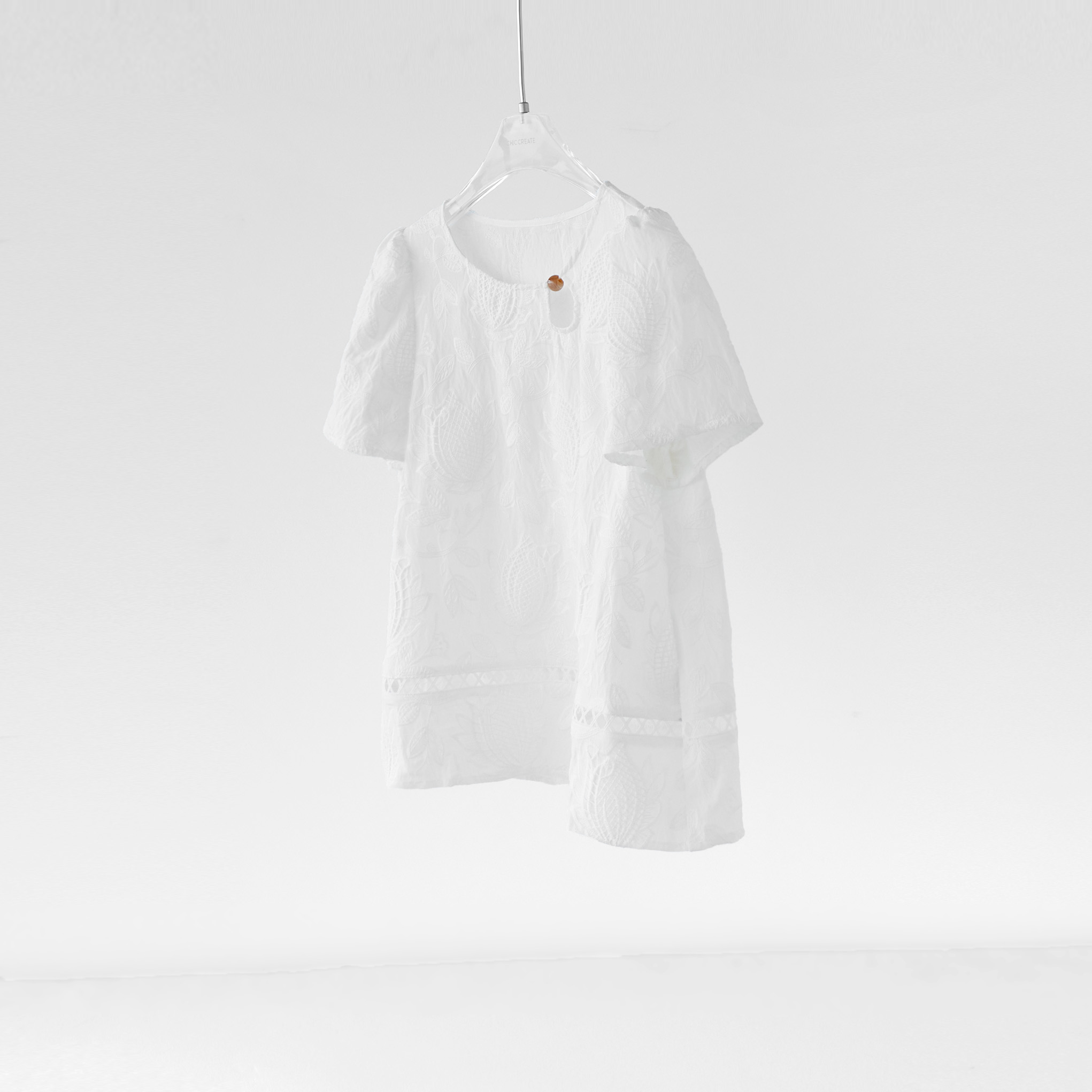 法式小资调调~重工镂空刺绣 串珠圆领短袖衬衫小衫上衣女夏季新款