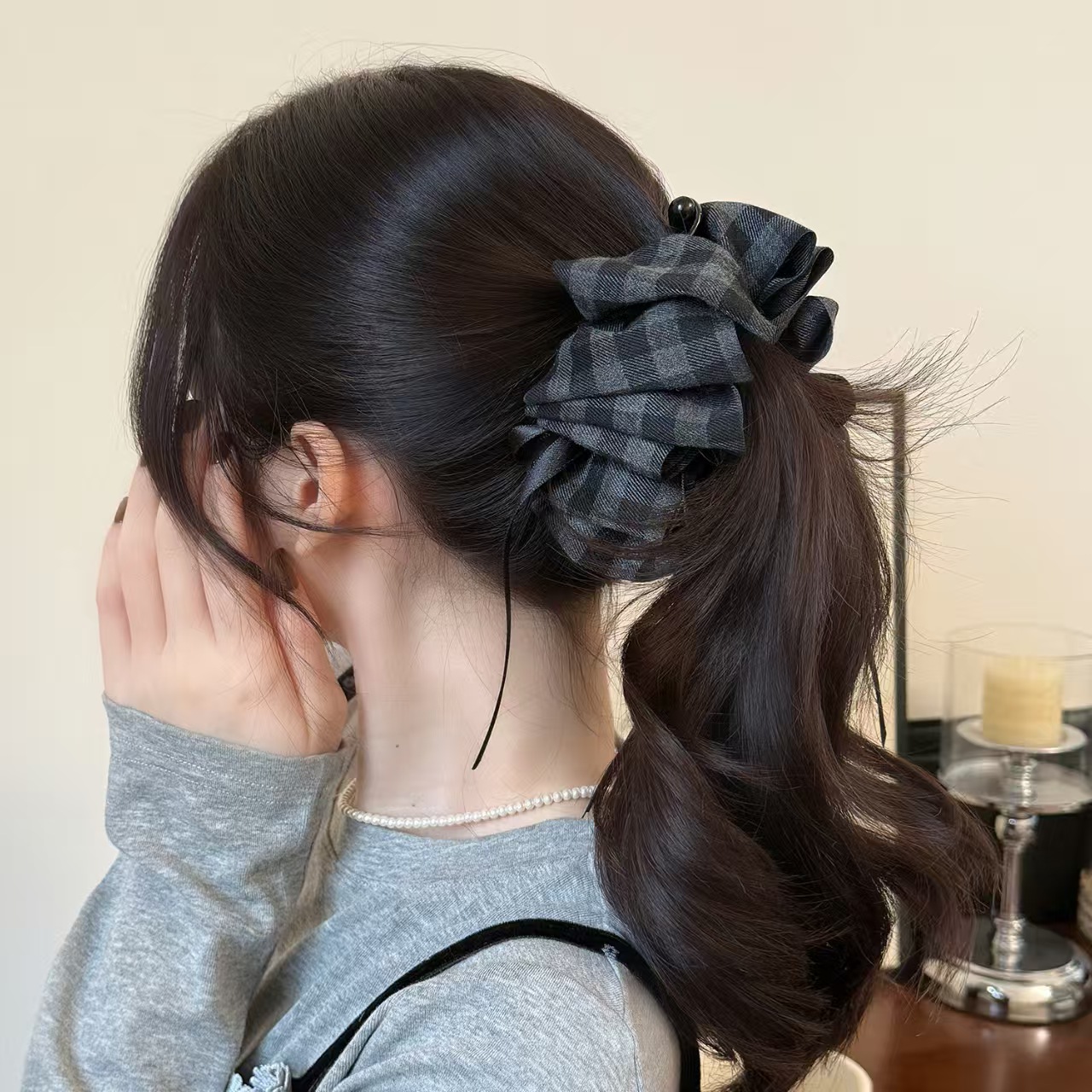 格纹小香风复古感香蕉抓夹女布艺云朵泡泡发夹秋冬后脑勺头饰发卡