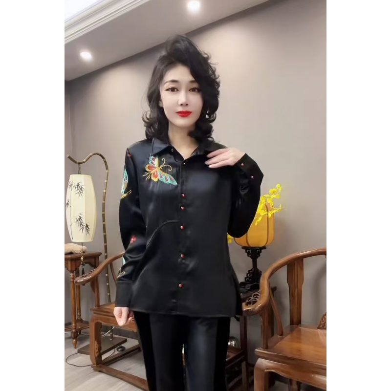 重工刺绣设计丝滑气质衬衫女士春秋新款侧开叉新中式衬衣百搭轻奢
