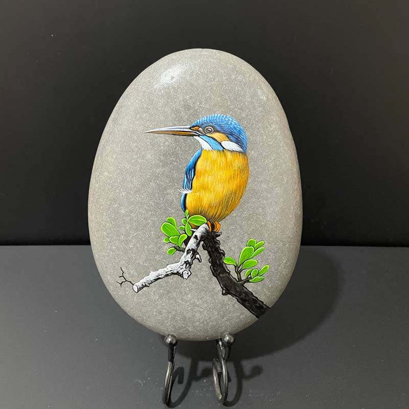 纯手绘石头画翠鸟高端摆件饰品赠送礼品带支架