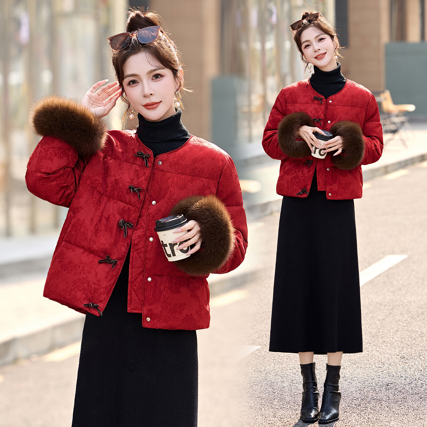 新中式国风狐狸毛提花羽绒服女2025冬季新款复古气质白鸭绒短外套