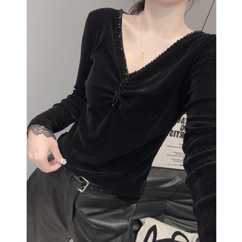 性感钉珠V领长袖T恤女时髦袖口蕾丝气质修身内搭打底衫丝绒上衣秋