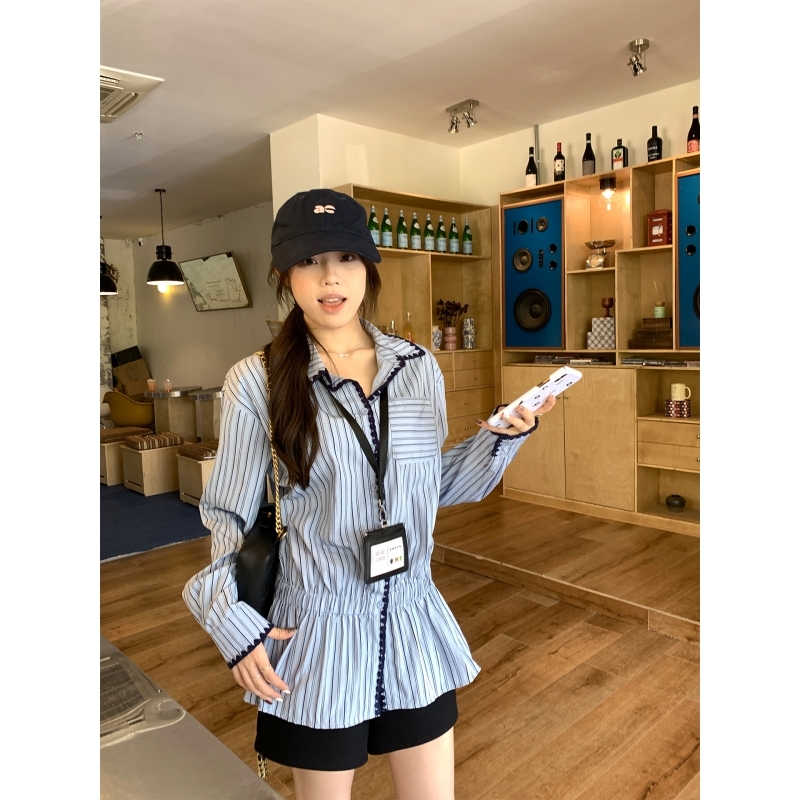 乌77美式复古蓝色撞色条纹衬衫女早秋设计感独特翻领百搭长袖上衣