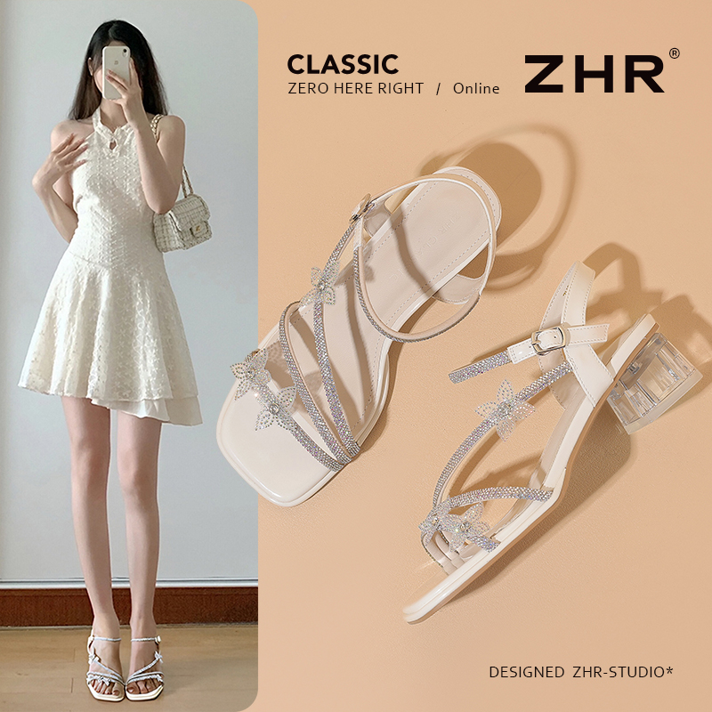 ZHR/则则粗跟凉鞋女2025夏季新款法式外穿罗马凉鞋一字带休闲女鞋