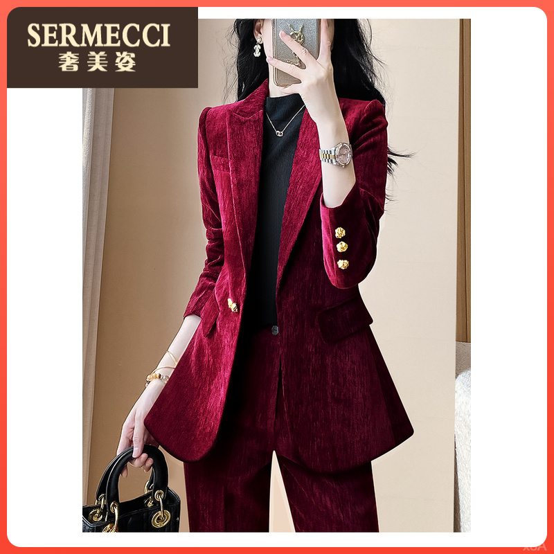 奢美姿时尚套装2025黑色西装两件套秋冬新款加厚保暖套装