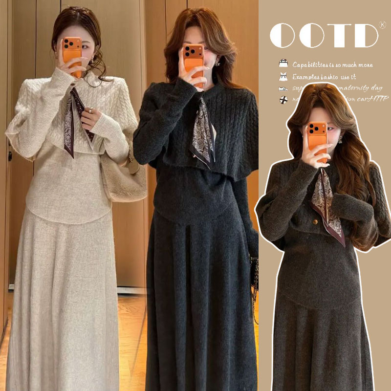 法式时尚精致气质女神范秋冬套装女丝巾斗篷＋打底毛衣＋半身裙套装