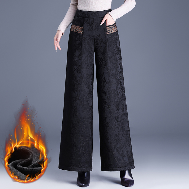 2025冬装中式国风阔腿裤高腰显瘦加绒加厚保暖提花长裤靴裤子女士