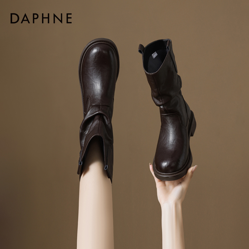 达芙妮堆堆短靴2025秋冬新款厚底英伦风西部靴美拉德靴子瘦瘦女靴