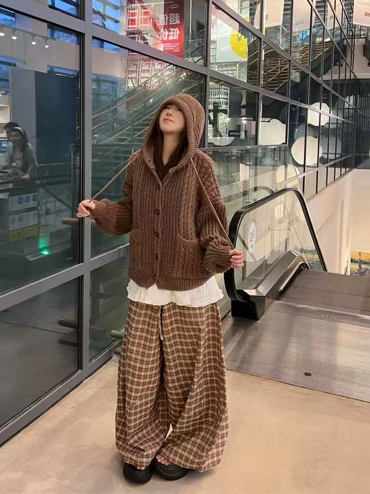 美式复古慵懒风秋冬季新款连帽开衫毛衣外套女设计感宽松针织上衣