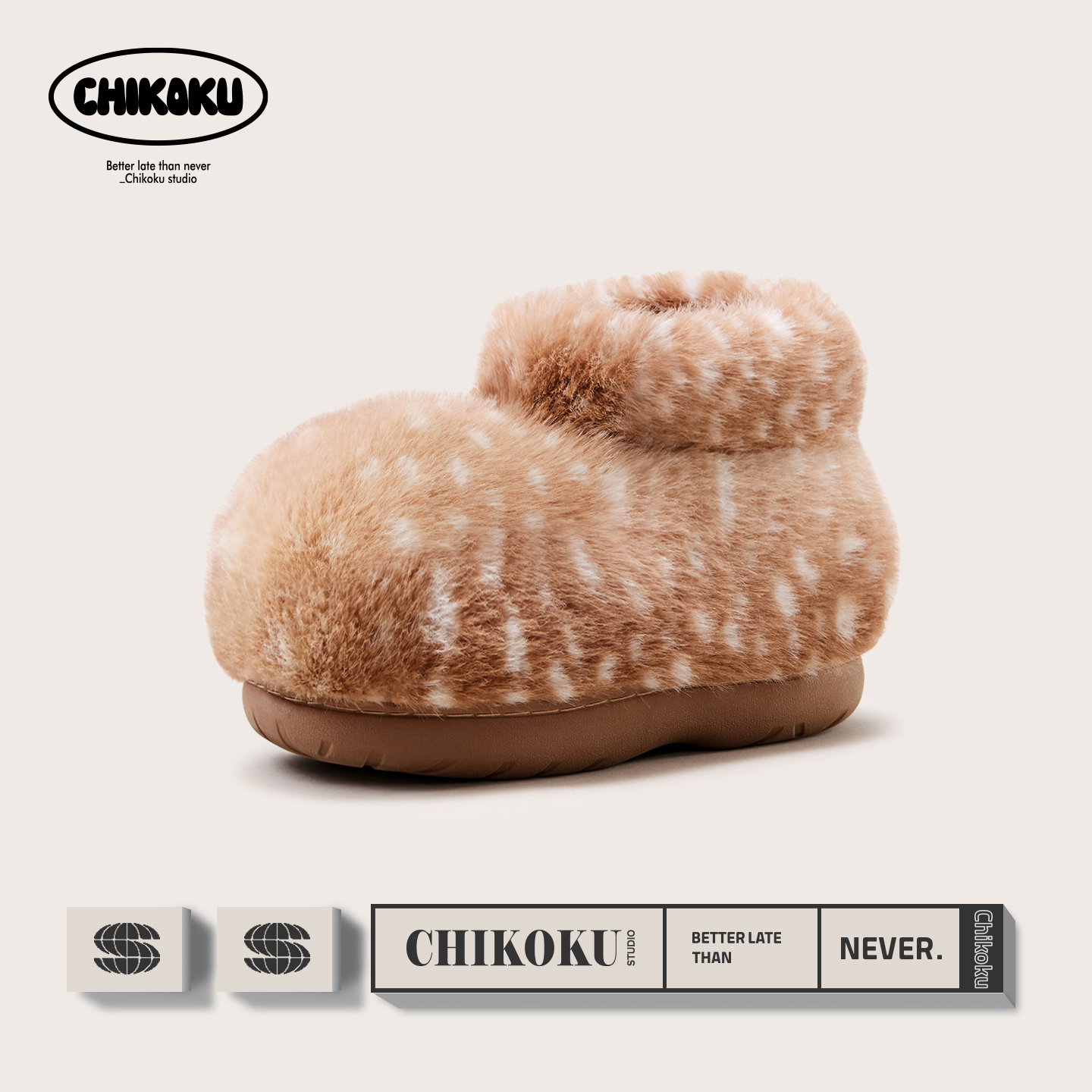 chikoku萌物圆毛绒棉拖鞋包跟女秋冬居家室内防滑保暖情侣棉鞋男