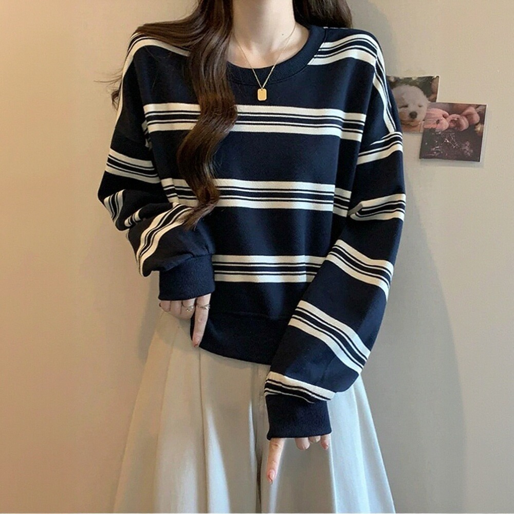 春秋冬季新款撞色条纹宽松圆领休闲慵懒风套头长袖薄款卫衣女上衣