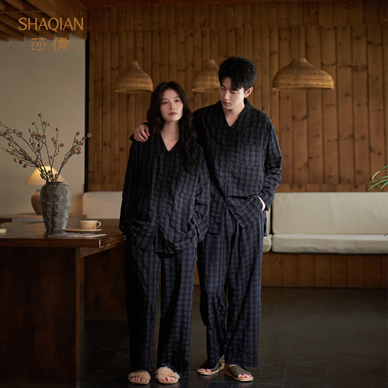 莎倩新款情侣睡衣2025年春秋季泡泡梭织棉女士家居服男士外穿套装