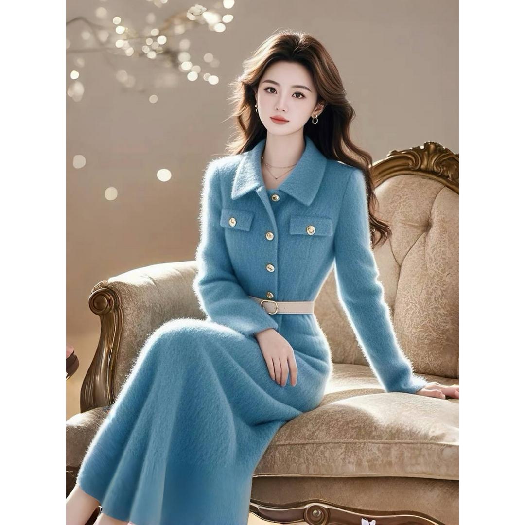 3796冬季法式气质名媛高级感独特绝美超好看小香风蓝色针织连衣裙