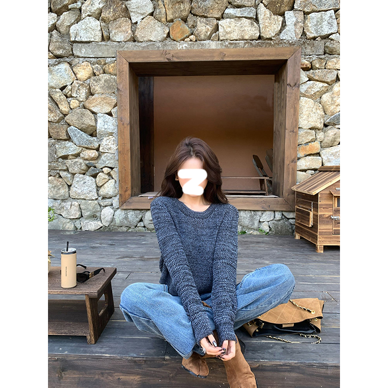 灰色圆领针织衫毛衣女秋冬2025年新款内搭打底衫显瘦百搭短款上衣