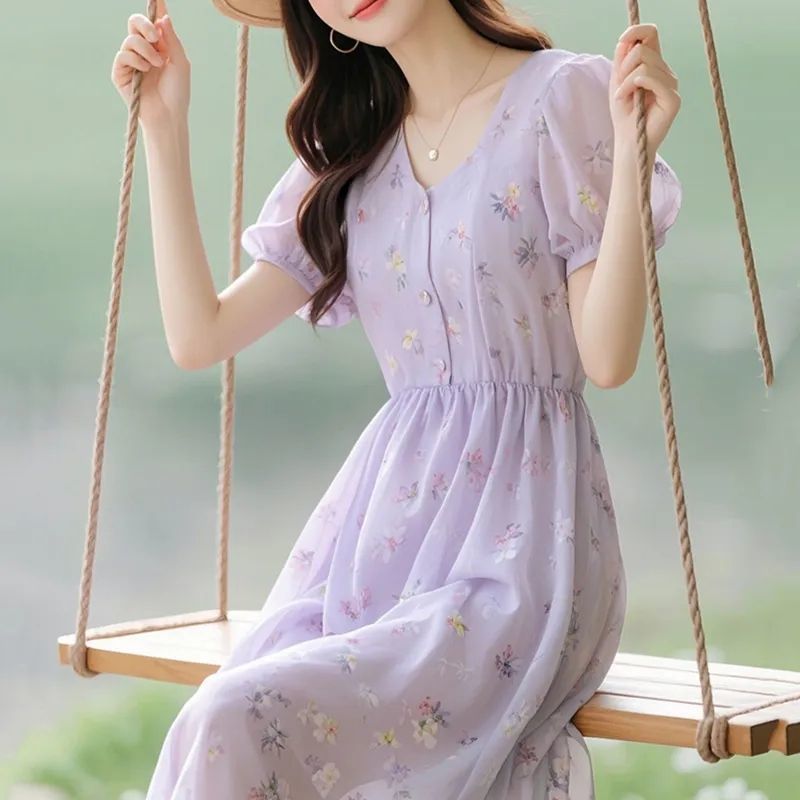 夏季新款海边度假超好看气质紫色碎花雪纺连衣裙长裙女士休闲减龄