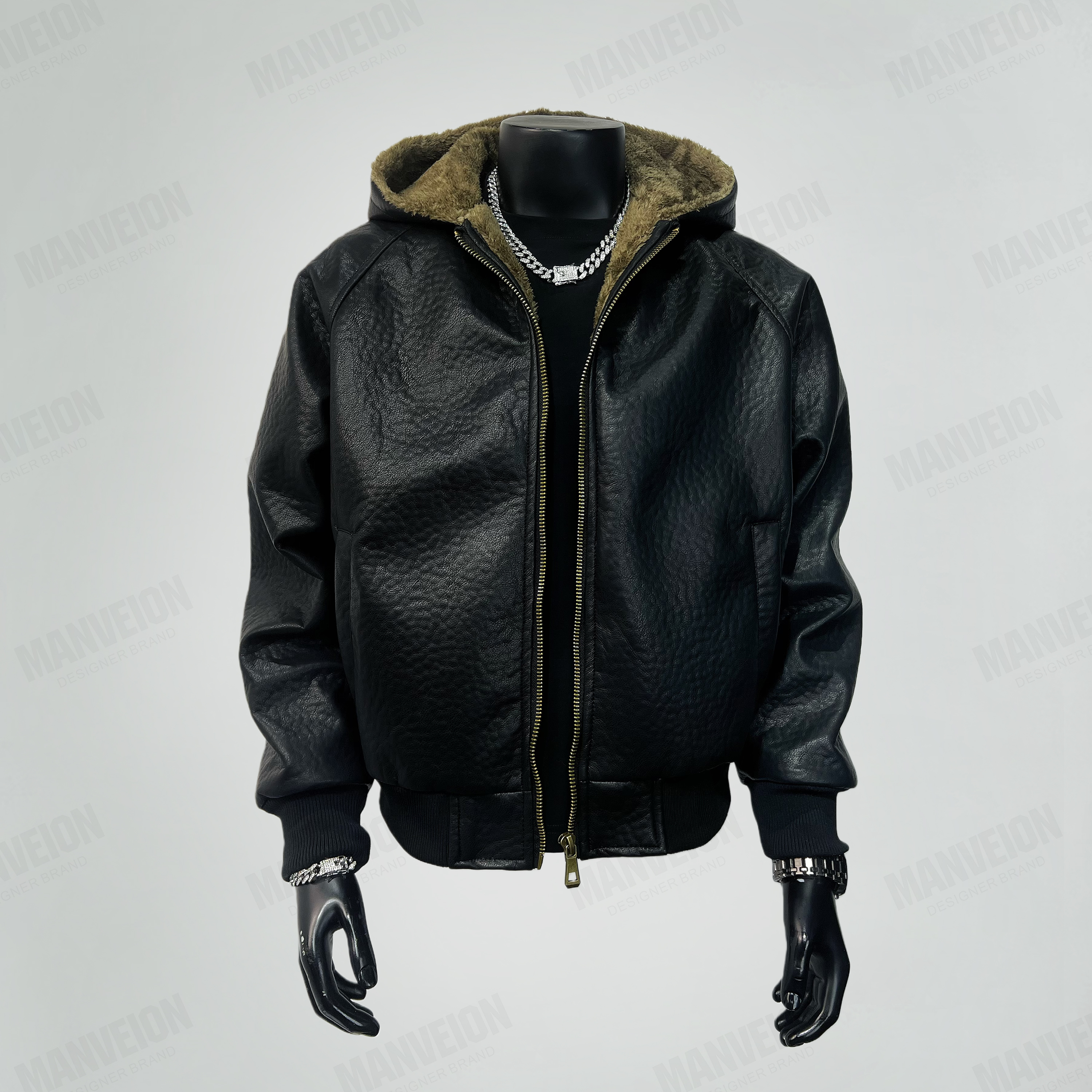 MANVEION脊煞重磅座山雕加绒加厚皮衣连帽棉服短宽外套马年限定