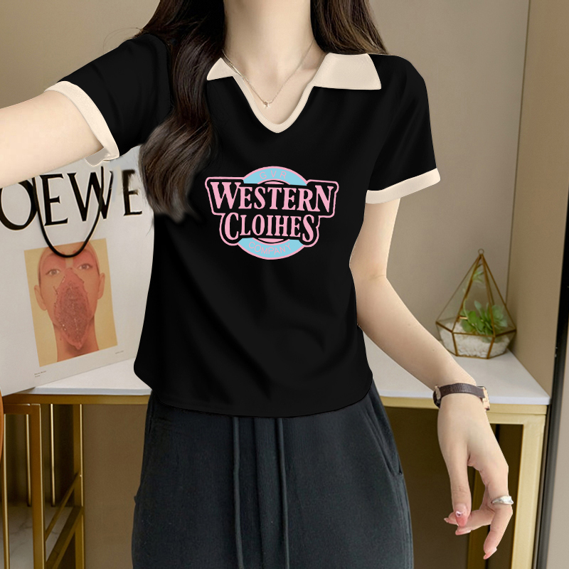 大码胖mm设计感撞色翻领短袖T恤女士夏季纯欲风辣妹修身显瘦上衣