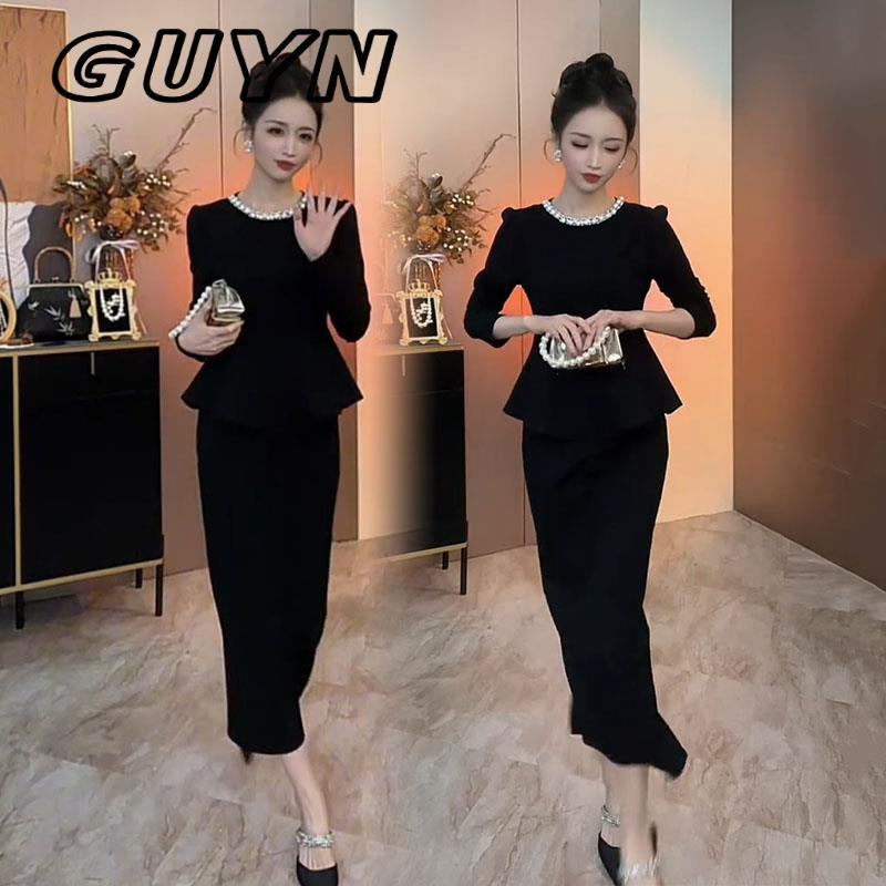 GUYN时尚套装女2025年春秋新款气质显瘦荷叶边上衣半身长裙两件套