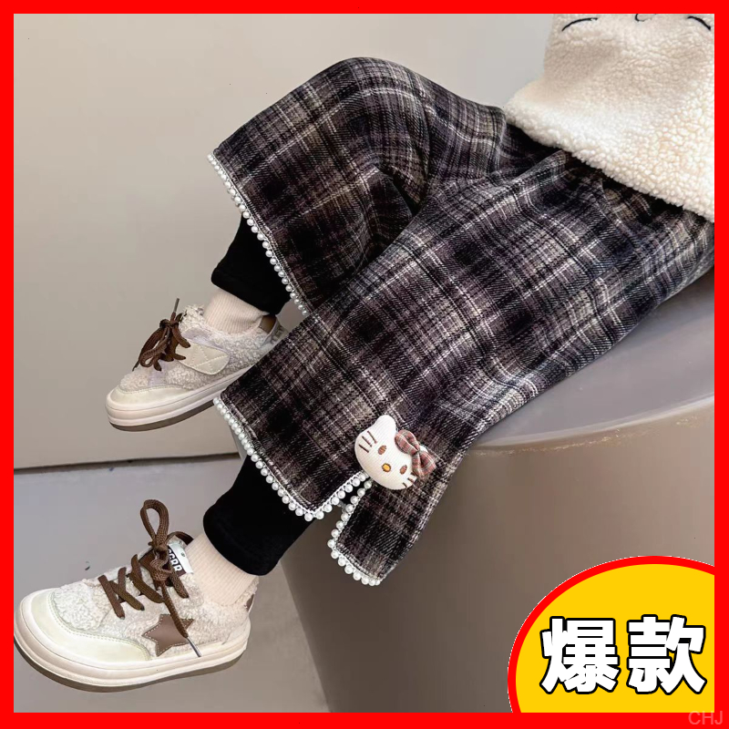 女童加绒裤子秋冬季外穿儿童格子裤宝宝冬装洋气束脚阔腿裤中小童