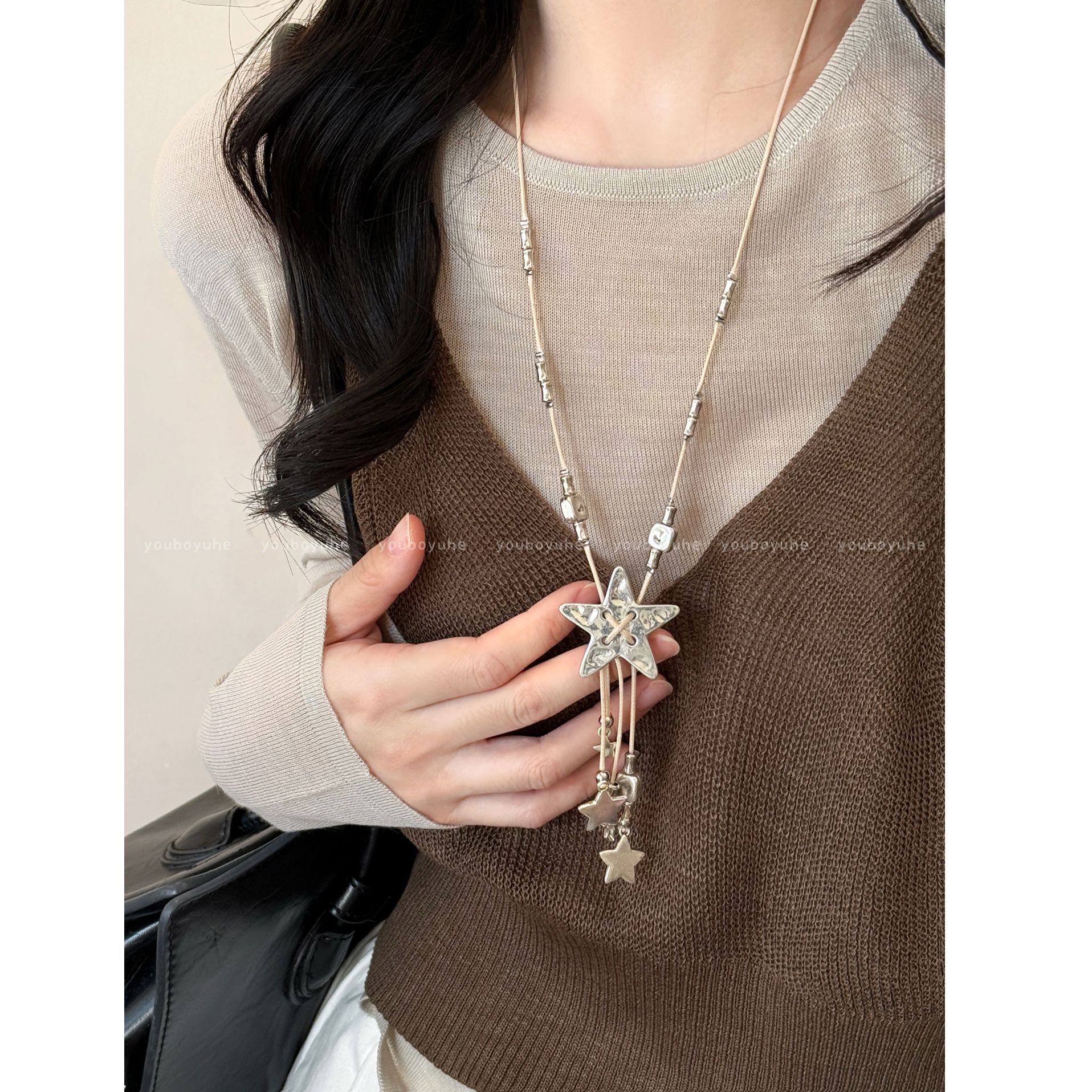 铜布艺项链 长款星星项链女小众设计个性毛衣链复古做旧挂脖配饰