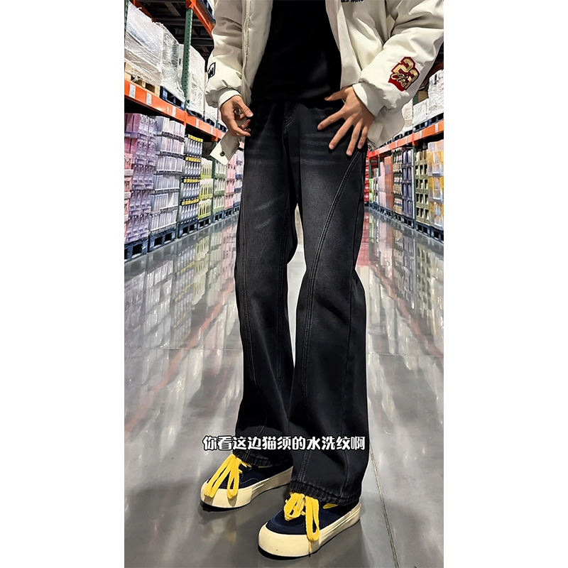 美式水洗斜切微喇牛仔裤男款秋冬加绒加厚弯刀裤子高街vibe直筒裤