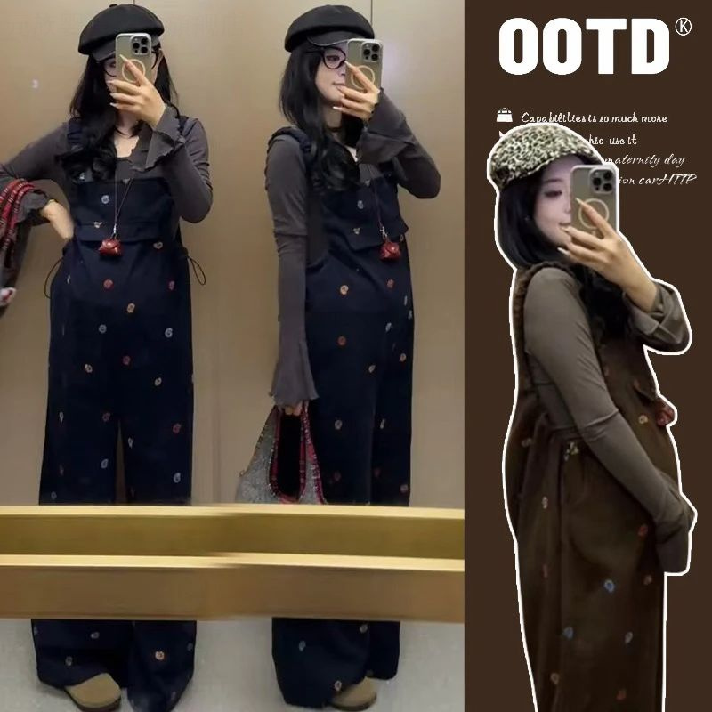 时尚孕妇背带裤春秋新款刺绣美拉德色系背带裤+辣妈打底上衣套装