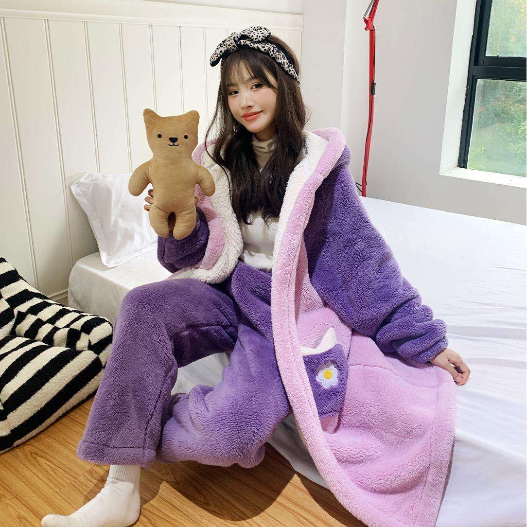 时尚双层加厚可爱鸭睡衣外穿浴袍秋冬睡袍冬加绒女中长款珊瑚绒