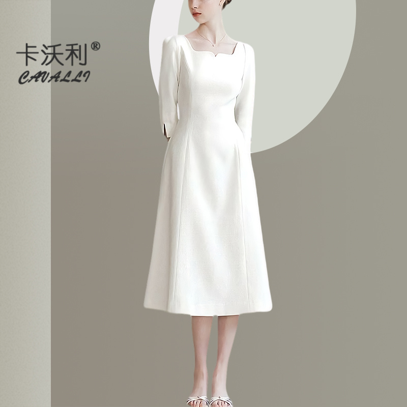 法式气质茶歇高腰白色连衣裙2025夏季新中式修身简约高级感小白裙