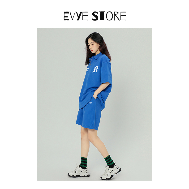 Evye Store~夏季休闲polo运动服套装女运动短袖短裤两件套时尚潮