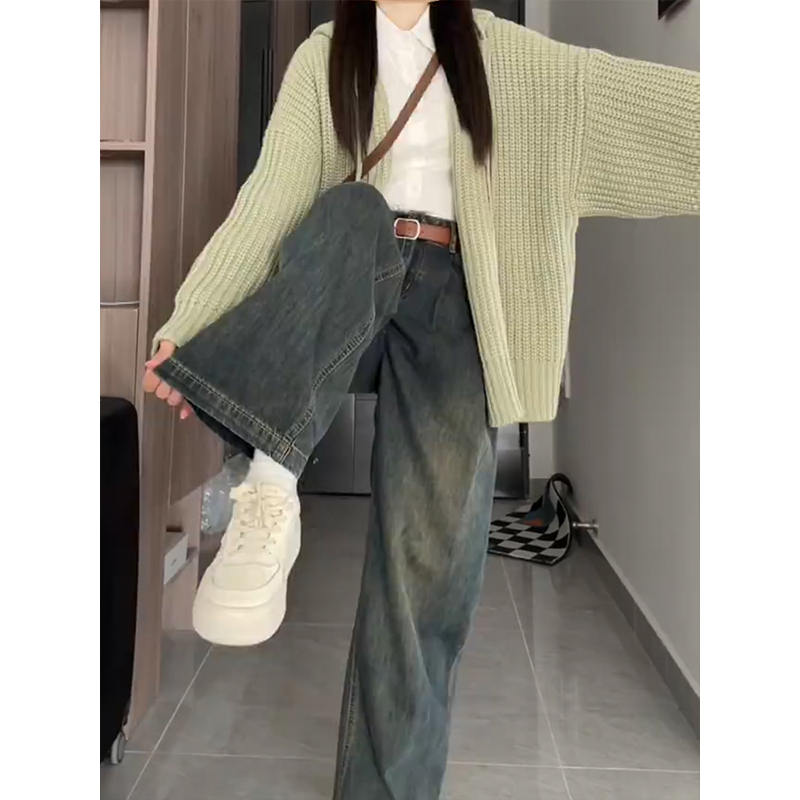冬季款复古水泥灰加绒高腰直筒女牛仔裤大码梨型身材宽松压褶长裤