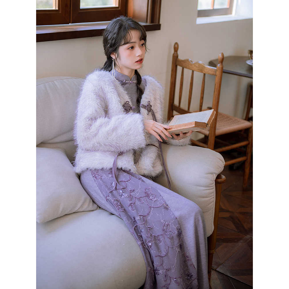 南风谷【絮落】国风蕾丝改良旗袍连衣裙手工盘扣仿皮草加绒外套套装
