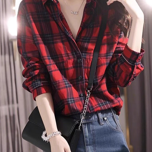 2025年爆款欧货洋气超好看独特漂亮复古红色格子POLO领衬衫女上衣