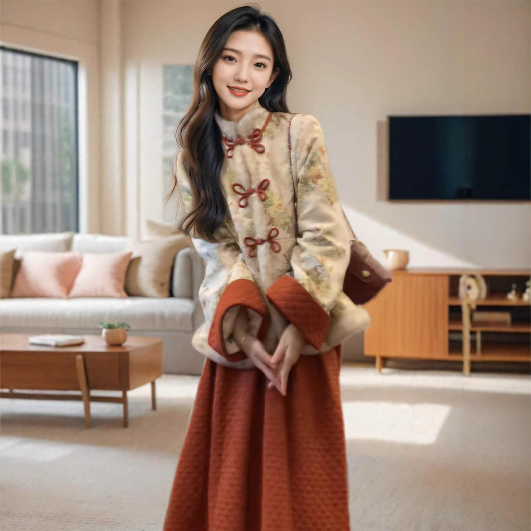 新中式国风年轻款少女红色改良旗袍冬季加厚棉服小...