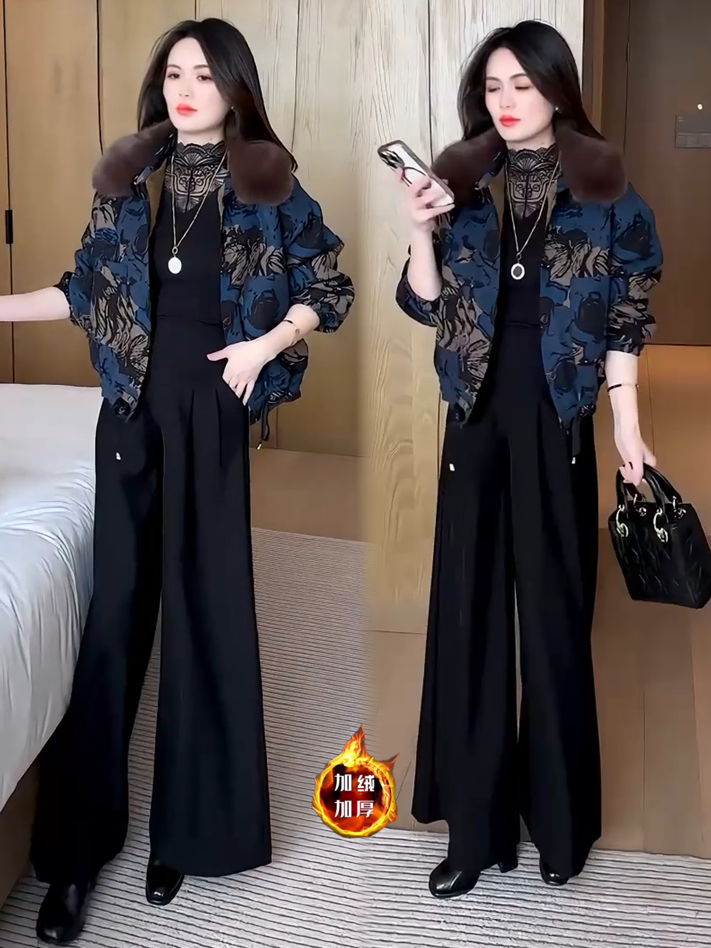 加绒加厚印花短外套女2025冬季新款时髦显瘦大毛领保暖夹克上衣潮