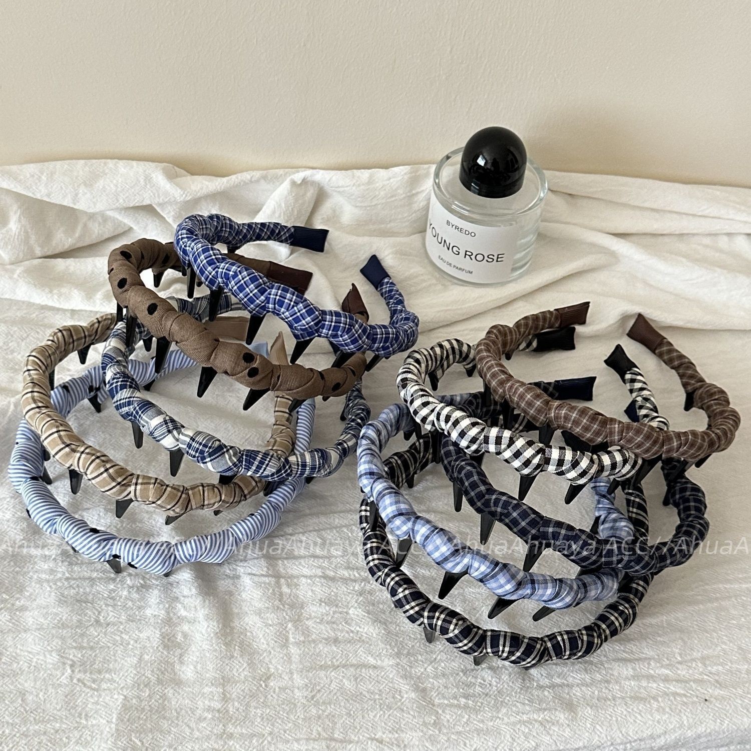 韩系时尚百搭简约格纹布艺带齿细发箍个性压发箍头箍复古女cjj