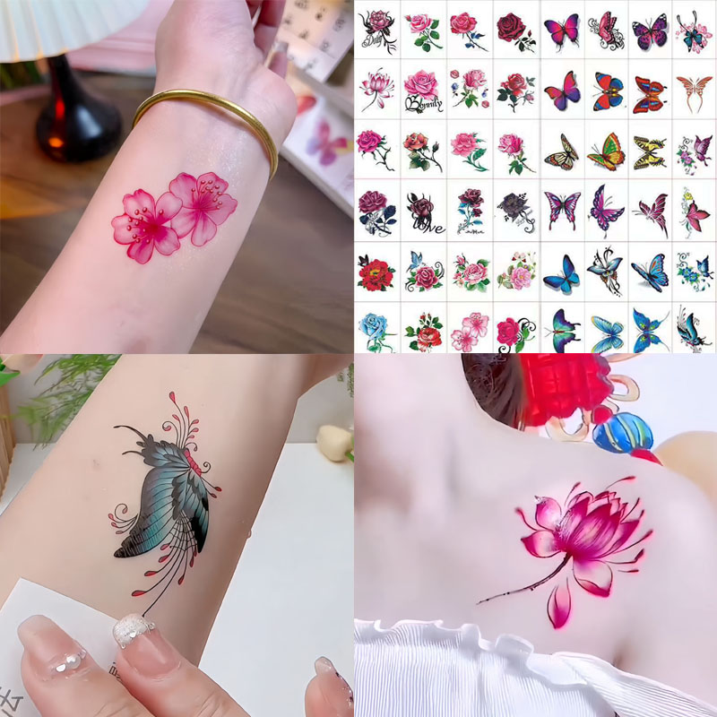 50张防水持久纹身贴女款锁骨花臂蝴蝶3D立体可爱遮痕ins风小清新