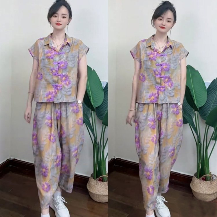 新中式夏季宽松翻领短袖衬衫套装民族风复古盘扣时尚妈妈装两件套