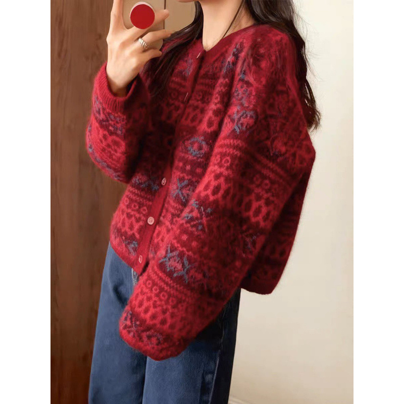 新年红色提花毛衣外套秋冬新款慵懒风高级感洋气减龄针织开衫百搭
